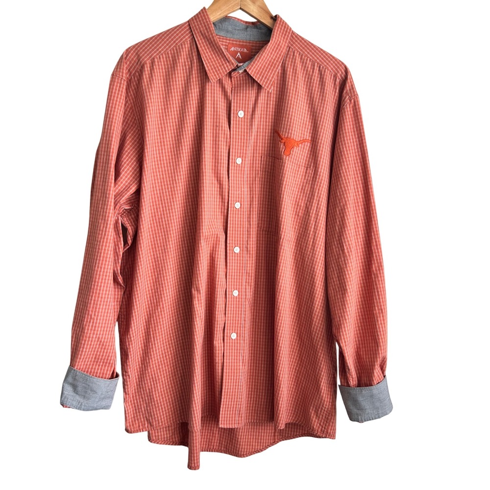 Texas Longhorns UT Men Button Down Shirt 2XL Burnt Orange Plaid Embroidered Logo